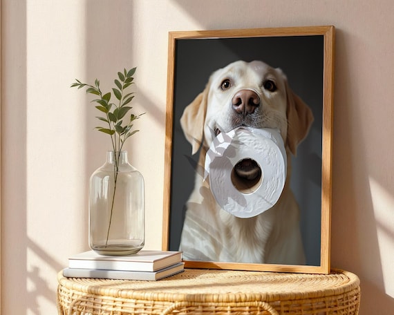 Yellow Lab Dog with Toilet Paper – Funny Labrador Bathroom Wall Art Print, Gag Gift for Dog Lovers, Cute Yellow Labrador Decor