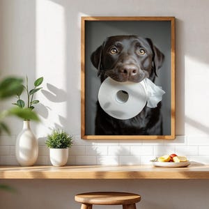 Puede incluir: Una impresi&oacute;n enmarcada de un Labrador Retriever color chocolate sosteniendo un rollo de papel higi&eacute;nico blanco en la boca. El perro tiene ojos marrones y un pelaje oscuro. La impresi&oacute;n est&aacute; en un marco de madera y se muestra en una pared blanca.