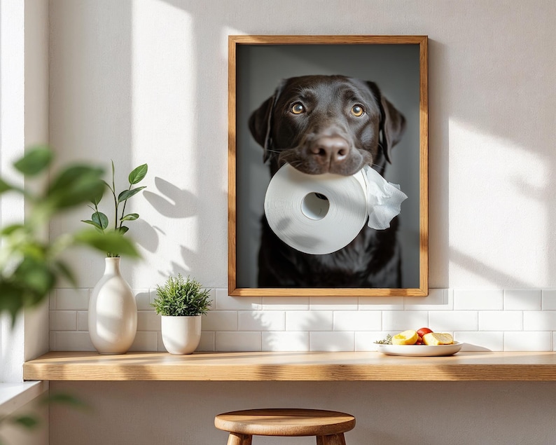 Puede incluir: Una impresi&oacute;n enmarcada de un Labrador Retriever color chocolate sosteniendo un rollo de papel higi&eacute;nico blanco en la boca. El perro tiene ojos marrones y un pelaje oscuro. La impresi&oacute;n est&aacute; en un marco de madera y se muestra en una pared blanca.