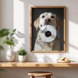 May include: A framed print featuring a golden Labrador Retriever holding a roll of white toilet paper in its mouth. The dog is centered in the frame, with a neutral background. The wooden frame adds a classic touch to the artwork.