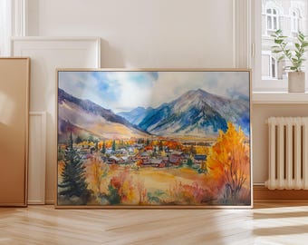 Jackson Hole Wyoming Watercolor Print – Fall Mountain Landscape Wall Art, Rustic Cabin Decor, Autumn Nature Painting, Western Home Deco