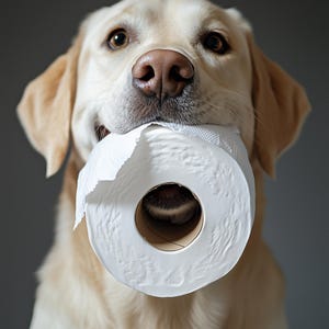 May include: A light-colored Labrador Retriever holds a roll of white toilet paper in its mouth. The dog's brown eyes are focused, and its nose is visible. The background is a solid gray.