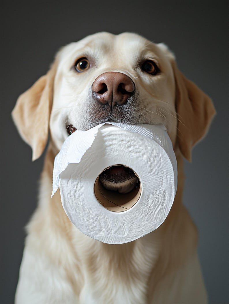 May include: A light-colored Labrador Retriever holds a roll of white toilet paper in its mouth. The dog's brown eyes are focused, and its nose is visible. The background is a solid gray.