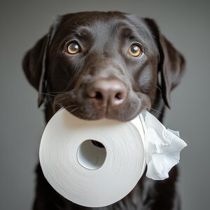 Puede incluir: Un Labrador Retriever color chocolate sostiene un rollo de papel higi&eacute;nico blanco en la boca. El perro tiene pelaje marr&oacute;n y ojos color &aacute;mbar, con un fondo gris neutro. El papel higi&eacute;nico est&aacute; parcialmente desenrollado.