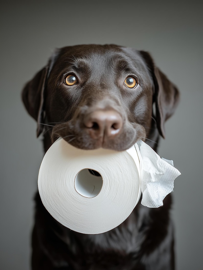 Puede incluir: Un Labrador Retriever color chocolate sostiene un rollo de papel higi&eacute;nico blanco en la boca. El perro tiene pelaje marr&oacute;n y ojos color &aacute;mbar, con un fondo gris neutro. El papel higi&eacute;nico est&aacute; parcialmente desenrollado.