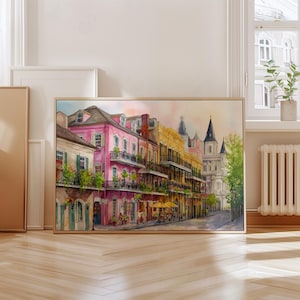 New Orleans French Quarter Watercolor Print – Colorful Balcony Street Scene Wall Art, Vibrant NOLA Architecture Painting