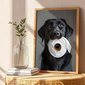 Black Labrador Holding Toilet Paper – Funny Dog Bathroom Wall Art, Cute Lab Print for Dog Lovers, Unframed Pet Photography Decor
