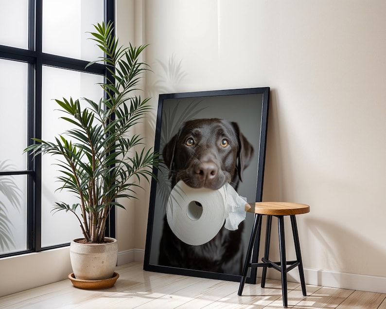 Puede incluir: Impresi&oacute;n enmarcada de un Labrador Retriever chocolate sosteniendo un rollo de papel higi&eacute;nico en la boca. El perro tiene pelaje marr&oacute;n y est&aacute; sobre un fondo neutro. Tambi&eacute;n se ven una planta en maceta y un taburete de madera.