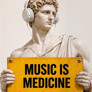 Puede incluir: Una impresión artística enmarcada que muestra una estatua de mármol clásica con auriculares blancos modernos. La estatua sostiene un letrero rectangular amarillo con el texto negro MUSIC IS MEDICINE y la inscripción -BNC- en la parte inferior.