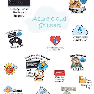 Puede incluir: Una colección de pegatinas coloridas con ilustraciones humorísticas y texto relacionado con la computación en la nube de Azure. Las pegatinas incluyen un gato con una expresión de sorpresa, un pingüino apagando una computadora, una persona con un rayo sobre su cabeza y una nube con una cara triste.