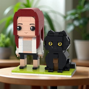 Kundenspezifische Backsteinfigur von Person und Katze, personifiziertes Minispielzeug vom Foto, Haustierliebhabergeschenk, Katzenbesitzerandenken, handgemachtes Hausdekor