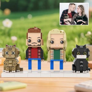 Benutzerdefinierte Ziegelfigur Familienset, personalisiertes Paar und Haustiere im Ziegelstil, Jubiläumsgeschenk für Tierliebhaber, benutzerdefinierte Bausteinskulptur