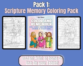 May include: A digital coloring pack titled "Scripture Memory Coloring Pack" featuring a book and two tablets displaying coloring pages. The book cover reads "Color and Remember" with Bible heroes illustrations. Text on the tablets includes Bible verses and the phrase "Instant Print at home Or Use On your Tablet!"