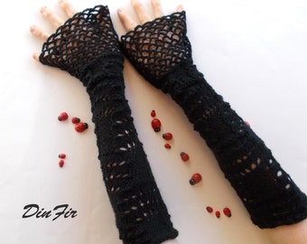 Crocheted Cuffs M Women Ready To Ship Gloves Bridesmaid Victorian Fingerless Summer Wedding Lace Evening Hand Knitted Bridal Black Long B140