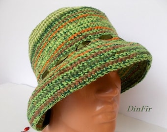 CROCHETED HAT Women Cloche Knitted Handmade Summer Spring Autumn Fall Bucket Beach Festival Picnic Fancy Striped Girl Party Gift Green 18