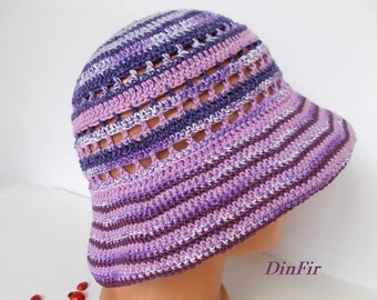 CROCHETED HAT Women Cloche Knitted Handmade Summer Spring Autumn Fall Bucket Beach Festival Picnic Fancy Striped Girl Party Gift Purple 17