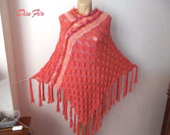 Women Poncho plus Gloves Cotton Ready To Ship Accessories Hand Knitted Cape Crocheted Capelet Gift Maxi Maternity Red Shoulders with Fringes