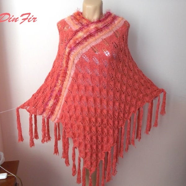 Women Poncho plus Gloves Cotton Ready To Ship Accessories Hand Knitted Cape Crocheted Capelet Gift Maxi Maternity Red Shoulders with Fringes