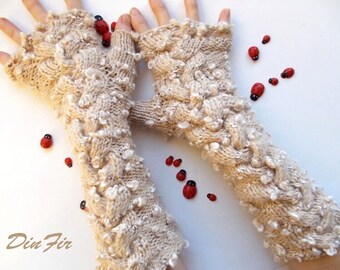 Women M Gloves Ready To Ship Mittens Long Accessories Fingerless Wrist Warmers Hand Knitted Winter Crochet Arm Warm Gift Beige Wool 98