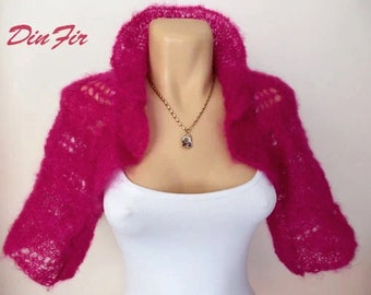 Women Bolero Shrug Ready To Ship Hand Knitted Wedding Accessories Jacket Cardigan Bridesmaid Fall Mohair Crocheted Cape Capelet Fucsia Gift