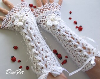 Crocheted Cotton Cuffs L Gloves Bridesmaid Victorian Fingerless Summer Women Wedding Evening Knitted Bridal Party Gift White Corset B187