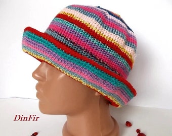 CROCHETED HAT Women Cloche Knitted Handmade Summer Spring Autumn Fall Bucket Beach Festival Picnic Fancy Sun Striped Girl Party Colorful 14