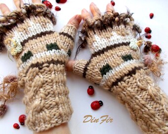 Women M Gloves Ready To Ship Hand Knitted Accessories Fingerless Mittens Arm Warm Wrist Warmers Winter Cabled Striped Gift Wool Beige 561