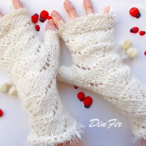 Women M Gloves Ready To Ship Hand Knitted Accessories Fingerless Mittens Warm Wrist Warmers Arm Crocheted Winter Cabled Gift Wool Ivory 616