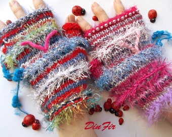 Women L Gloves Ready To Ship Fingerless Wool OOAK Mittens Wrist Warmers Winter Arm Warm Hand Knitted Gift Striped Red Colorful Fringe 747