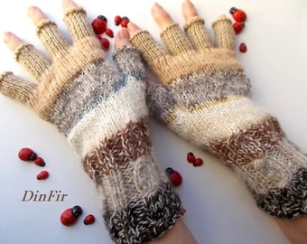 Men M Gloves Ready To Ship Half Fingers Women Mittens Arm Warm Wrist Warmers Winter Unisex Hand Knitted Striped Gift Beige Brown Wool 1278