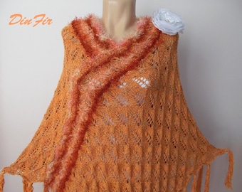 Women Cotton Poncho plus Gloves Ready To Ship Oversized Feminine Wedding Accessories Gift Hand Knitted Crocheted Capelet Orange Maternity