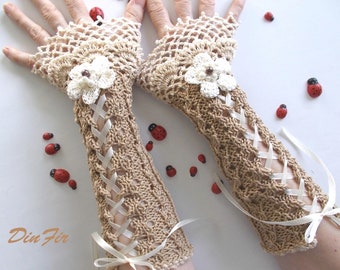 Crochet Cotton Cuffs M Gloves Bridesmaid Victorian Fingerless Summer Women Wedding Evening Knitted Bridal Party Beige Gift Corset Opera B183