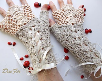 Crocheted Cotton Gloves L Bridal Ready To Ship Victorian Fingerless Summer Women Wedding Lace Evening Hand Knitted Party Beige Corset B99