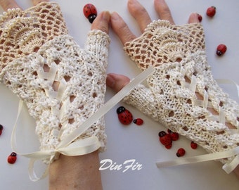 Crochet Cotton Gloves Striped Bridal Victorian Fingerless Summer Women Wedding Lace Evening Hand Knitted Party Ivory Corset Boho B111