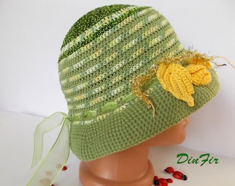 CROCHETED HAT Women Cloche Knitted Handmade Summer Spring Autumn Fall Bucket Beach Festival Picnic Fancy Sun Striped Girl Party Gift Green 6