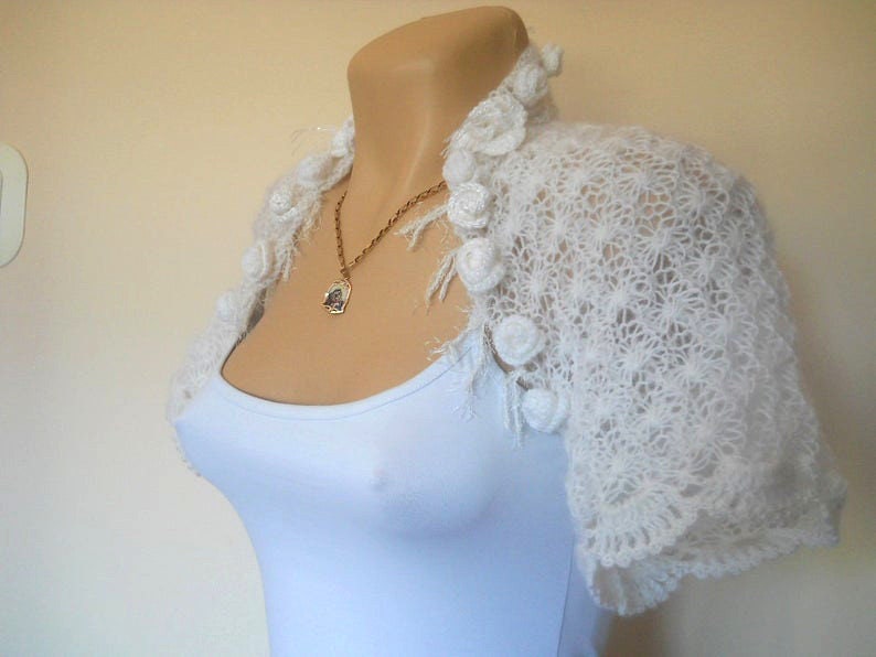 Women Shrug Bolero Ready To Ship Summer Wedding Bridal Bridesmaid Accessories Hand Knitted Jacket Crocheted Easy Romantic Gift Capelet White image 3