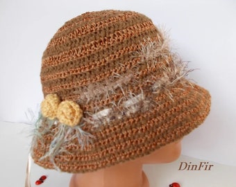 CROCHETED HAT Women Cloche Knitted Handmade Summer Spring Autumn Fall Bucket Beach Festival Picnic Fancy Sun Striped Girl Party Gift Brown 9