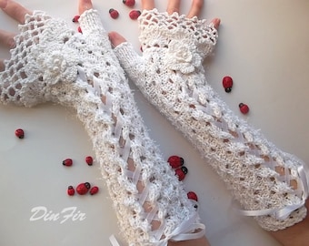 Crocheted Cotton Gloves L Ready To Ship Victorian Fingerless Summer Women Wedding Lace Evening Knitted Bridal Party White Corset Opera B53