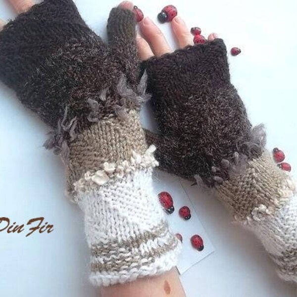 Women L 20% OFF Ready To Ship Fingerless OOAK Mittens Hand Knitted Warm Wrist Warmers Arm Crochet Winter Gloves Cabled Striped Mohair 1028