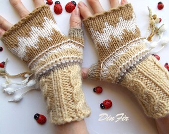 Women M Gloves Ready To Ship Hand Knitted Accessories Fingerless Mittens Arm Warm Wrist Warmers Crochet Winter Striped Cabled Gift Beige 357