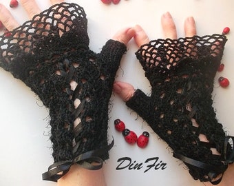 Crocheted Cotton L Gloves Victorian Fingerless Summer Women Hand Knitted Wedding Bridal Lace Evening Retro Opera Party Black Corset B44