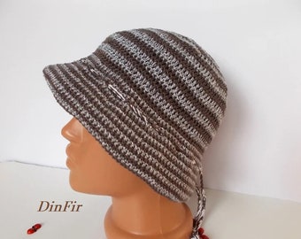 CROCHETED HAT Women Cloche Knitted Handmade Summer Spring Autumn Fall Bucket Beach Festival Picnic Fancy Sun Striped Girl Party Gift Gray 12