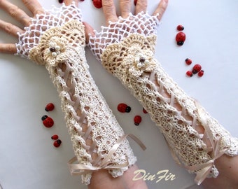 Crocheted Cotton Cuffs M Gloves Bridesmaid Victorian Fingerless Summer Women Wedding Evening Knitted Bridal Party Gift Ivory Corset B185