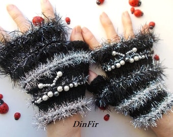 Women M Gloves Ready To Ship Hand Knitted Accessories Fingerless Mittens Arm Warm Wrist Warmers Winter Cabled Striped Beads Wool Black 1279