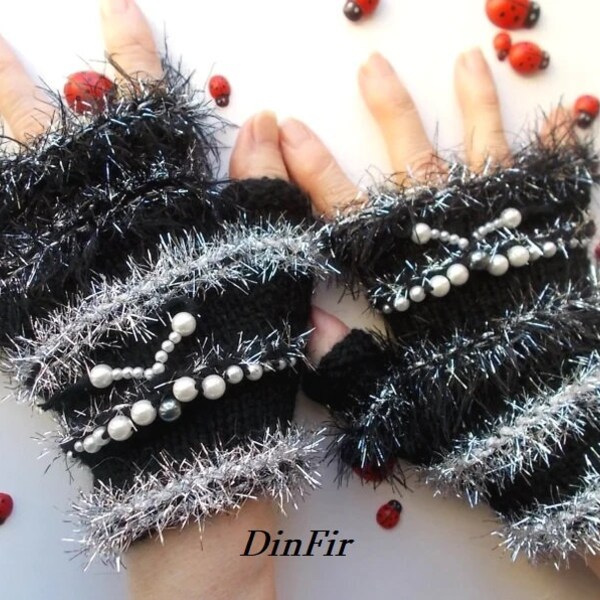 Women M Gloves Ready To Ship Hand Knitted Accessories Fingerless Mittens Arm Warm Wrist Warmers Winter Cabled Striped Beads Wool Black 1279