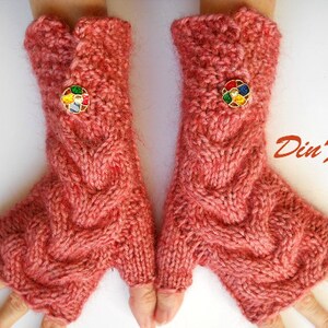 Women M Gloves Ready To Ship Hand Knitted Accessories Fingerless Mittens Warm Wrist Warmers Crocheted Arm Winter Gift Cabled Wool Coral 396