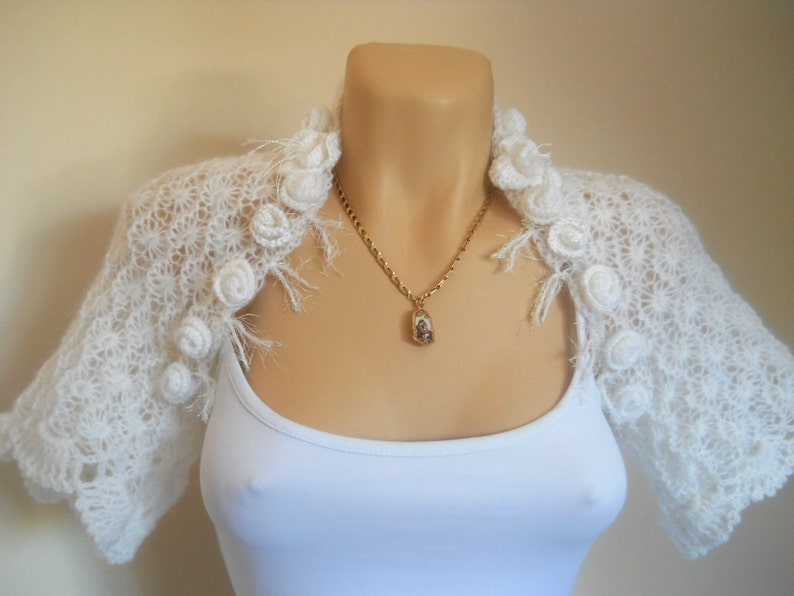 Women Shrug Bolero Ready To Ship Summer Wedding Bridal Bridesmaid Accessories Hand Knitted Jacket Crocheted Easy Romantic Gift Capelet White image 4