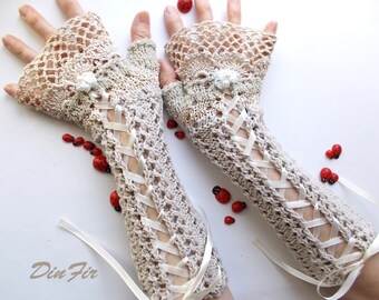 Crochet Cotton Gloves M Bridesmaid Victorian Fingerless Summer Women Wedding Lace Evening Knitted Bridal Party Beige Ivory Corset Opera B102