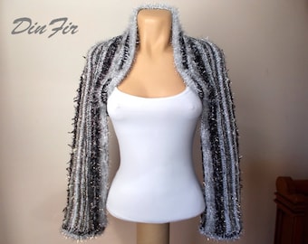 Women Bolero Shrug Wedding Bridal Accessories Cape Hand Knitted Ready To Ship Crochet Striped Capelet Cardigan Bridesmaid White Long Sleeves