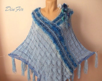 Women Poncho plus Gloves Ready To Ship Cotton Fall Accessories Shrug Hand Knitted Crochet Capelet Gift Maternity Blue Shoulders with Fringes